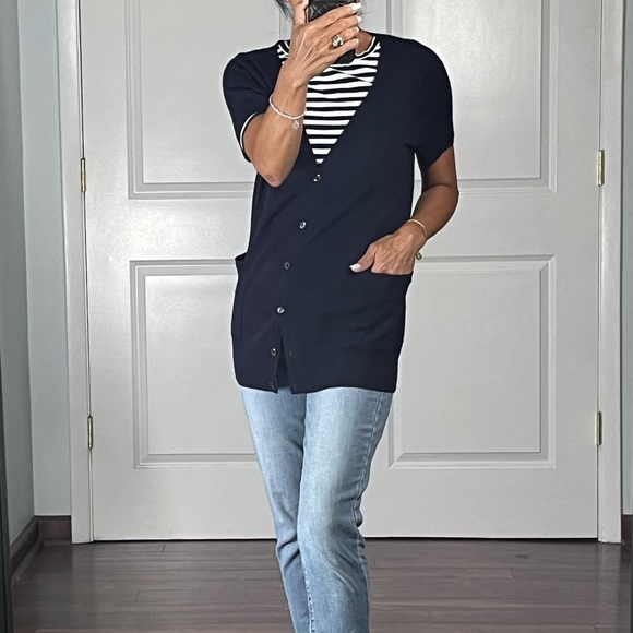 J Crew 100% cashmere navy short sleeves cardigan sweater size M - Picture 2 of 11
